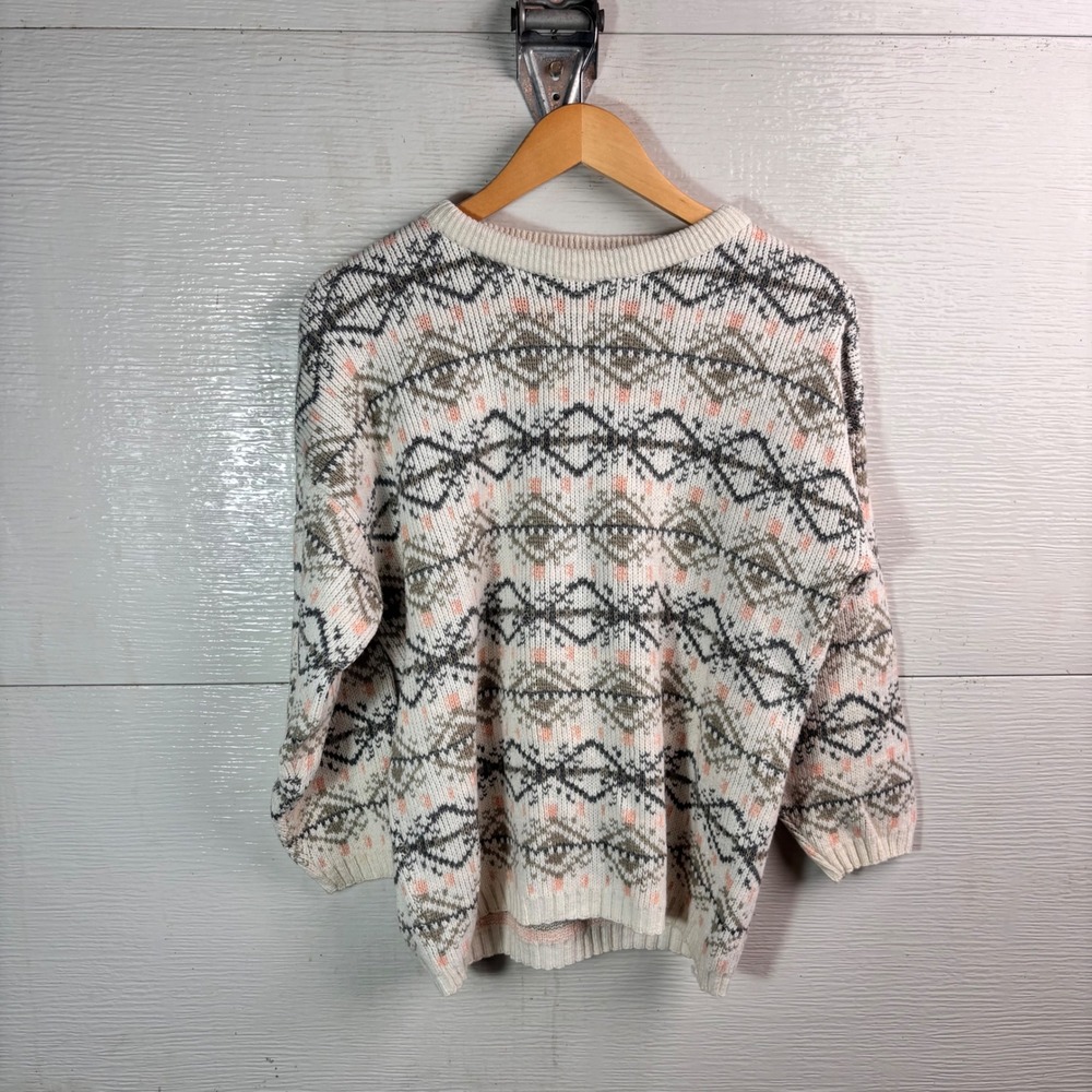 Tempo Fair Isle Nordic Sweater Size 2 (L)Cream Pink Gray Oversized Cottagecore